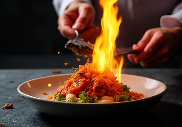 Koch beim Flambieren eines Desserts vor Gästen