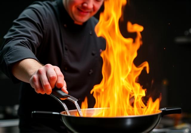 Live Show Cooking mit Flammen am Herd