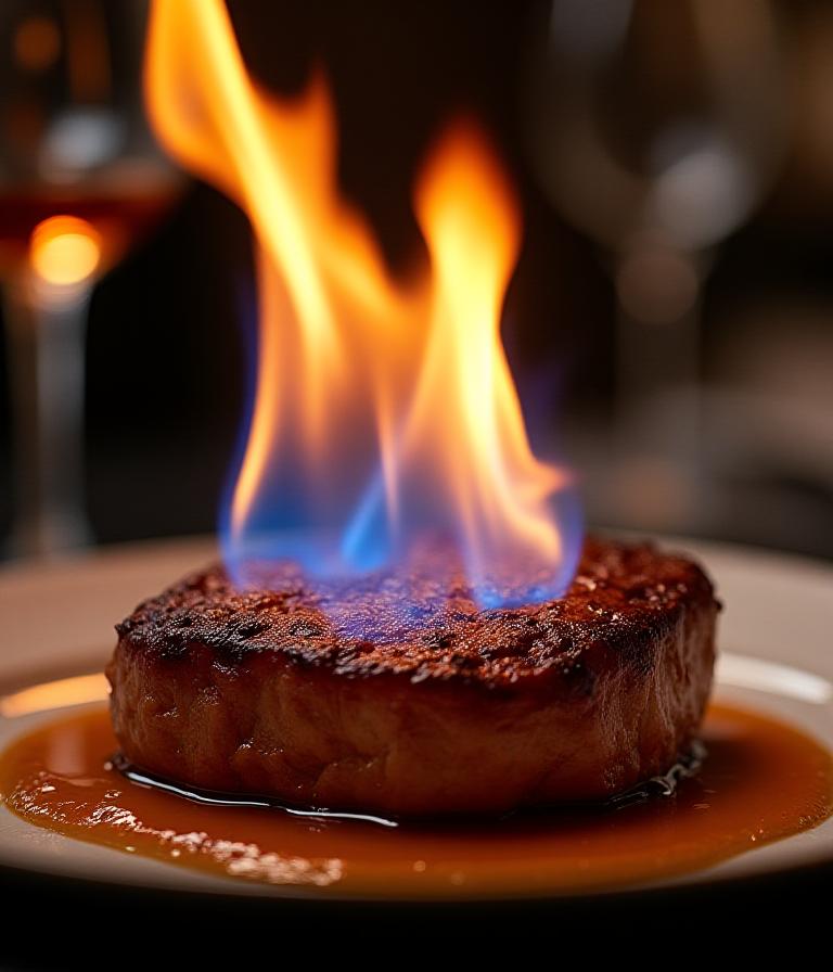 Koch beim Flambieren eines Gourmet-Gerichts