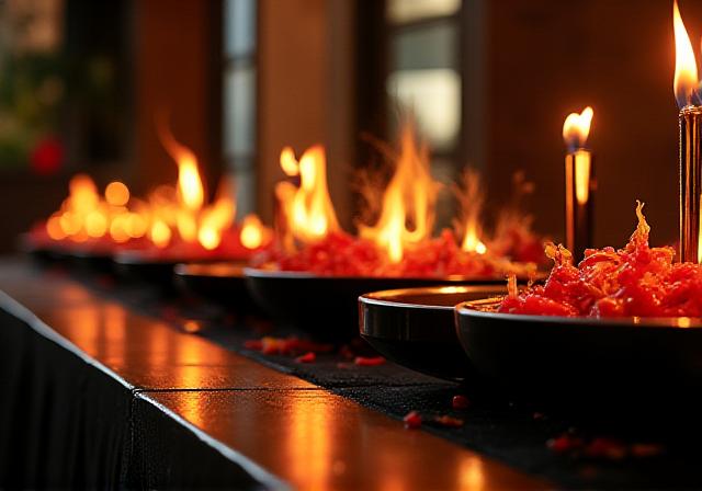 Kreatives Buffet-Setup mit feurigen Akzenten